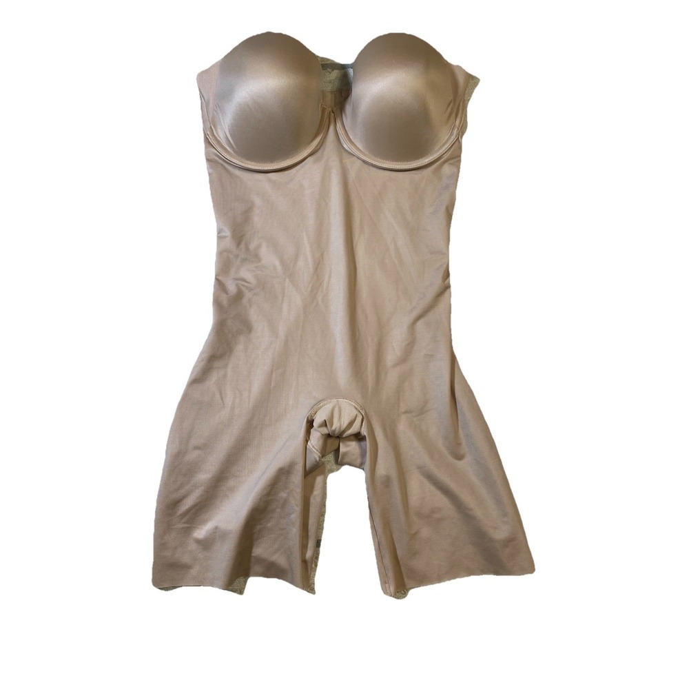 Spanx Suit Your Fancy Strapless Cupped Mid Thigh Bodysuit Nude Beige L Large